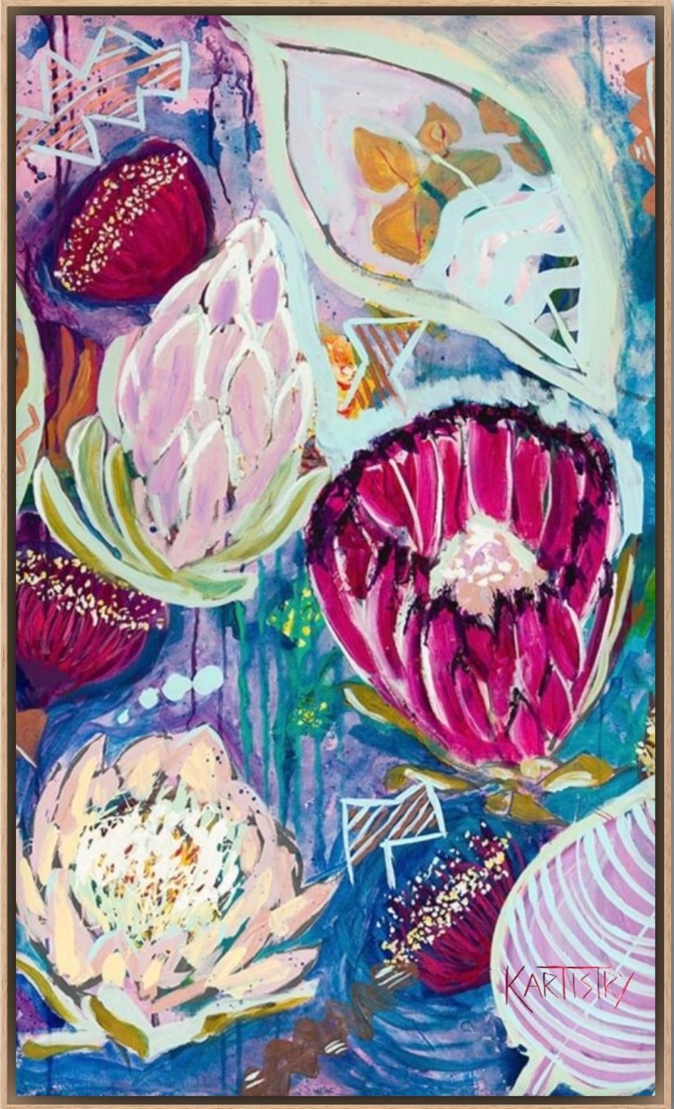 Colorful abstract painting of floral shapes with a signature at the bottom right corner.
